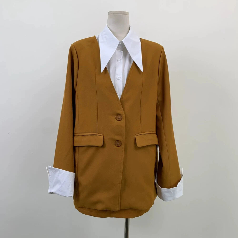 TWOTWINSTYLE Yellow Spliced Pocket Two Piece Set Female Lapel Long Sleeve Jacket Office Commute Women's Skirt Set Fashion New