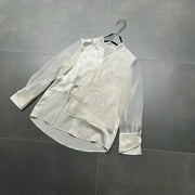 Sheer-Sleeve Floral Tie-Waist Blouse