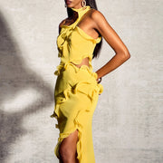 Asymmetric Ruffle Slit Long Dress