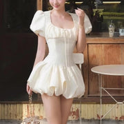 Puff-Sleeve Bubble-Hem Mini Dress