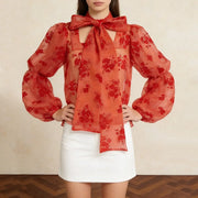 Floral Tie-Neck Sheer Blouse