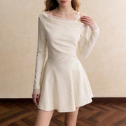 Asymmetric-Neck Draped Mini Dress