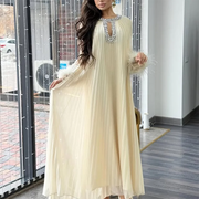 Embellished-Neck Pleated Long Dress