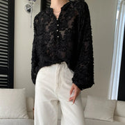 Textured Floral Long-Sleeve Blouse