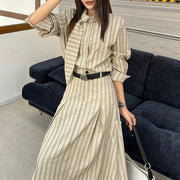 TWOTWINSTYLE Fashion Striped Two Piece Sets for Women Round Neck Long Sleeves Top High Waist Spliced Folds Skirt Set Female New