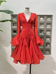 Ruffled Button-Front Long-Sleeve Dress