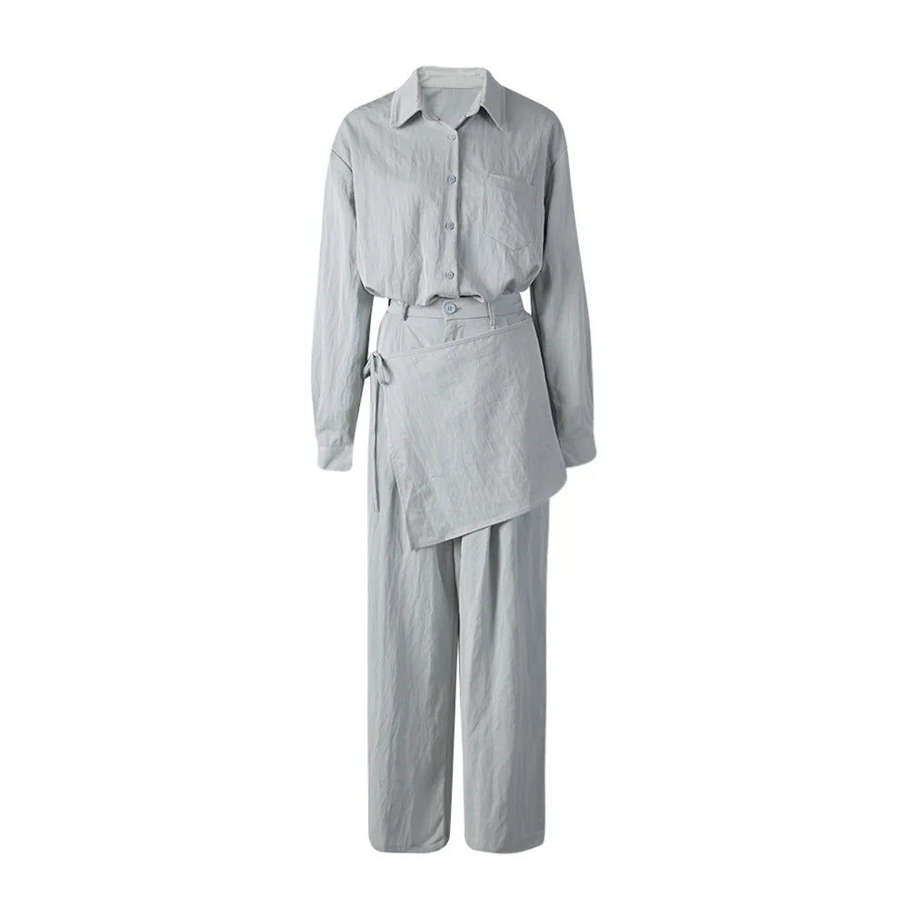 Collared Shirt and Wide-Leg Pants Set