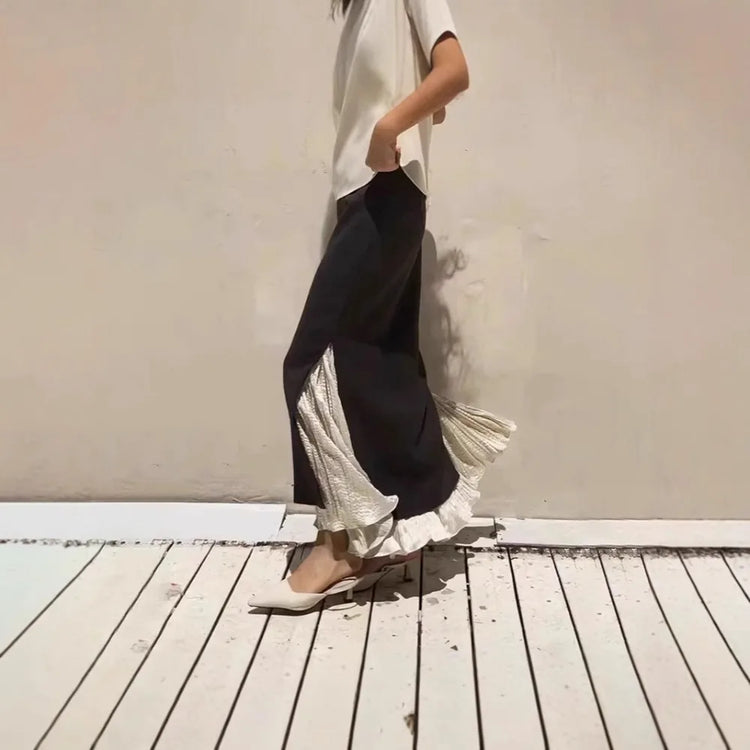 Contrast-Pleat Long Skirt