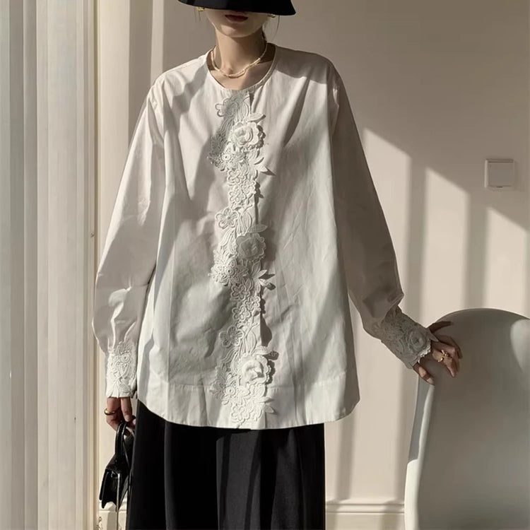 Lace-Panel Relaxed White Shirt