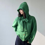 Bow-Neck Hooded Button Cardigan