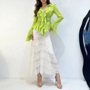 Ruffled V-Neck Flared-Cuff Blouse