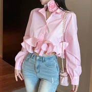 Ruffle-Hem Cropped Button Shirt