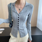 Contrast-Seam Collared Fitted Top