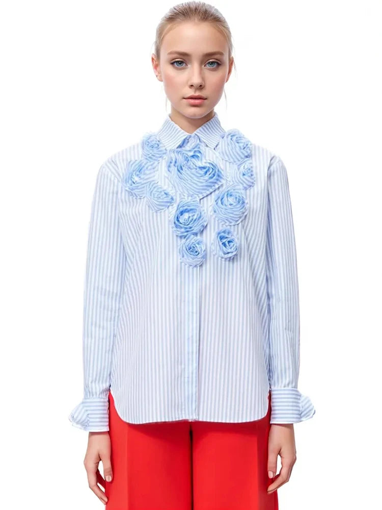 Rosette Striped Button-Up Shirt