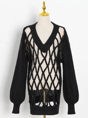 Openwork V-Neck Sweater