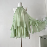 TWOTWINSTYLE Green Spliced Sheer Two Piece Set Female Halter Long Sleeve Loose Shirt Sweet Women's Skirt Set Summer Fashion New