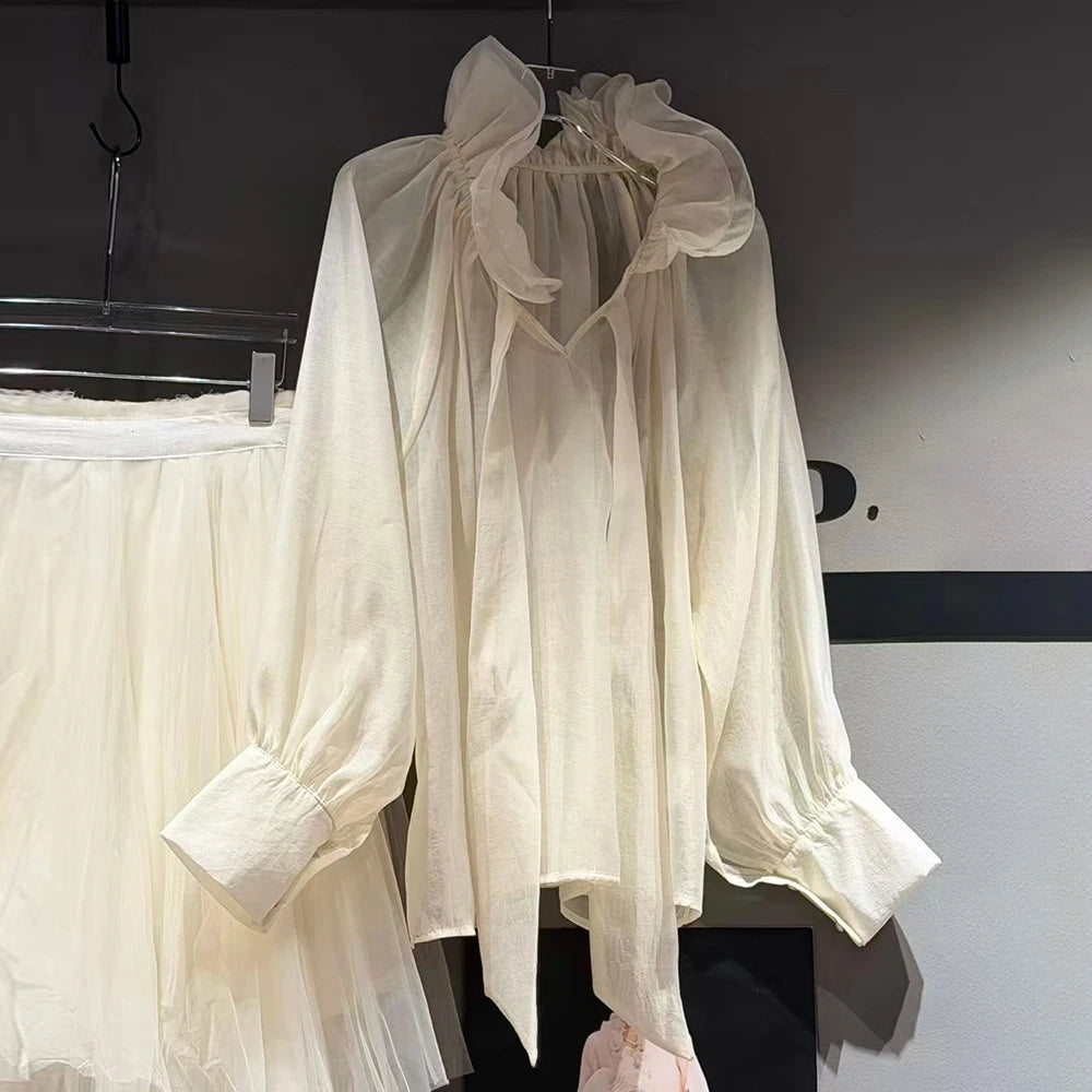 Ruffle-Trim Tie-Neck Blouse