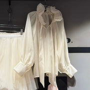 Ruffle-Trim Tie-Neck Blouse