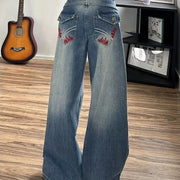 Embroidered-Pocket Wide-Leg Jeans