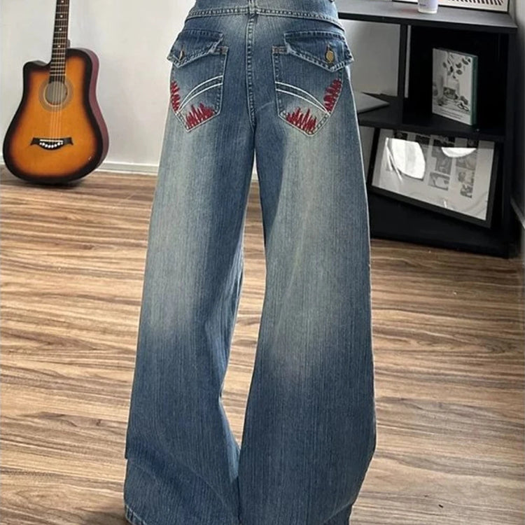 Embroidered-Pocket Wide-Leg Jeans