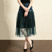 Sheer-Overlay Contrast-Panel Skirt