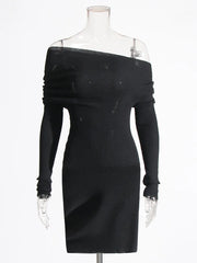 Asymmetric-Neck Long-Sleeve Mini Dress
