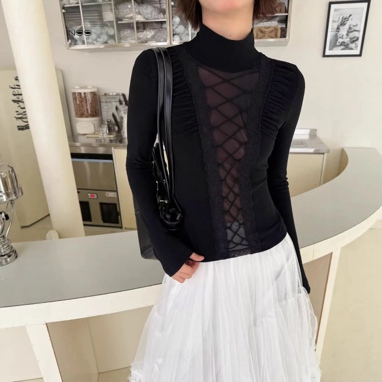 Lace-Up Sheer-Panel High-Neck Top