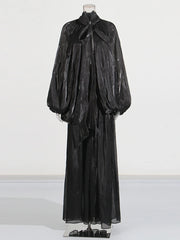 Draped Balloon-Sleeve Long Dress