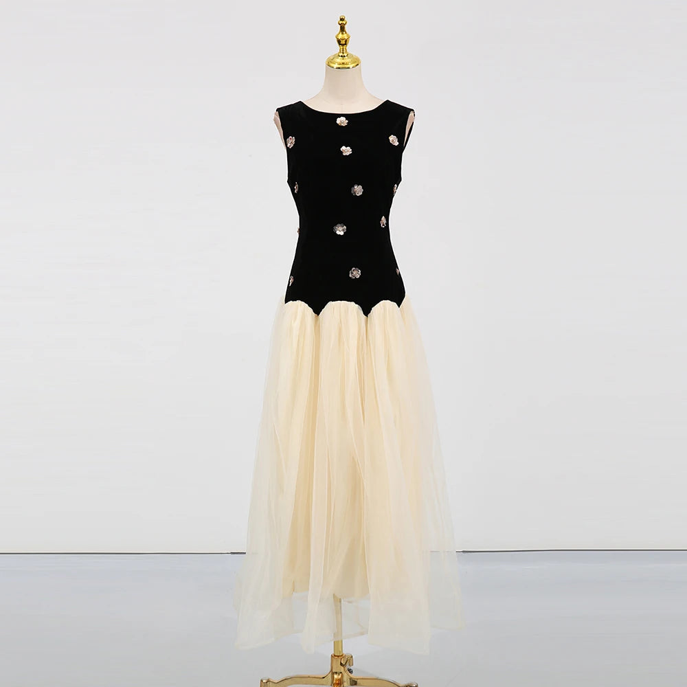 Contrast-Bodice Sleeveless Long Dress