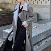 Contrast-Trim Long Trench Coat