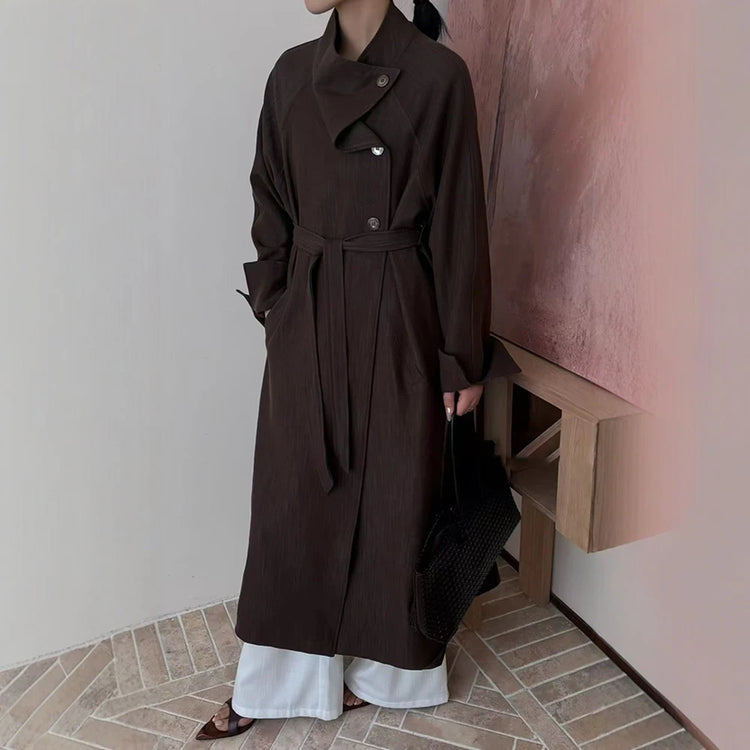 Asymmetric-Collar Long Trench Coat