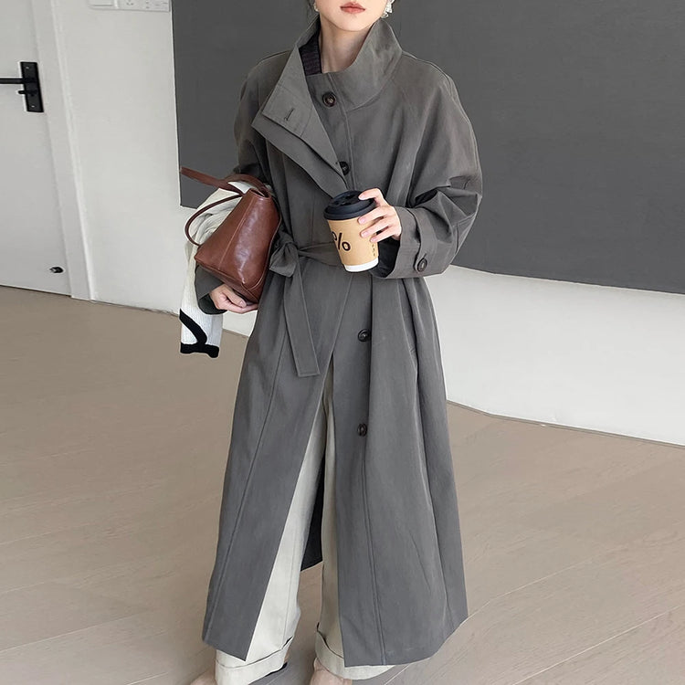 Button-Front Long Trench Coat