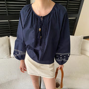 Tassel-Neck Embroidered-Cuff Blouse