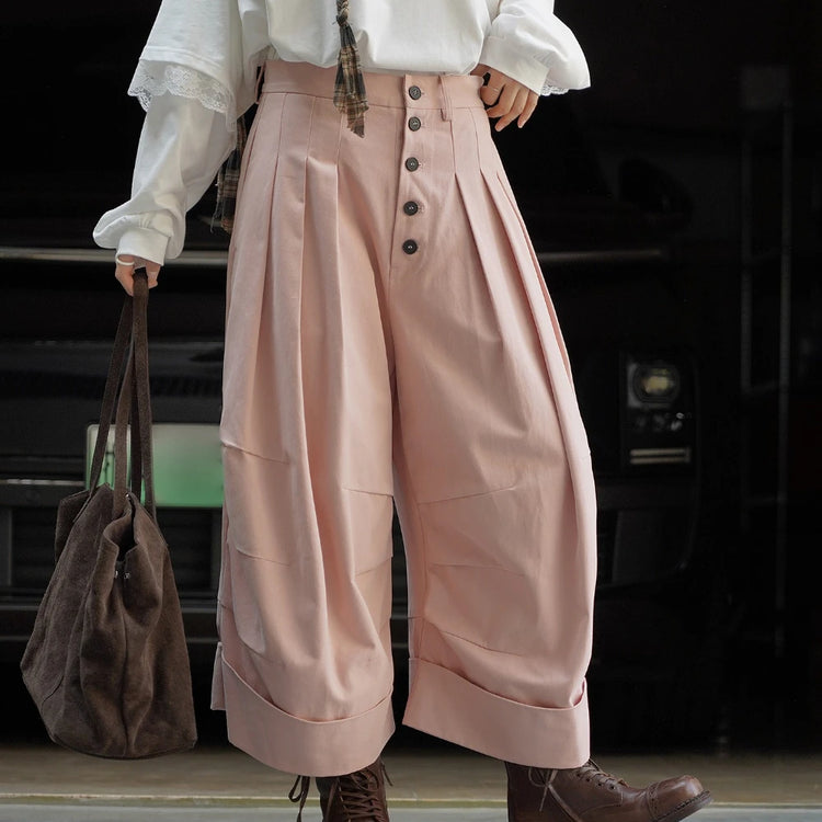 Button-Front Cuffed Wide-Leg Pants