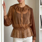 Sheer Ruffle-Collar Peplum Blouse