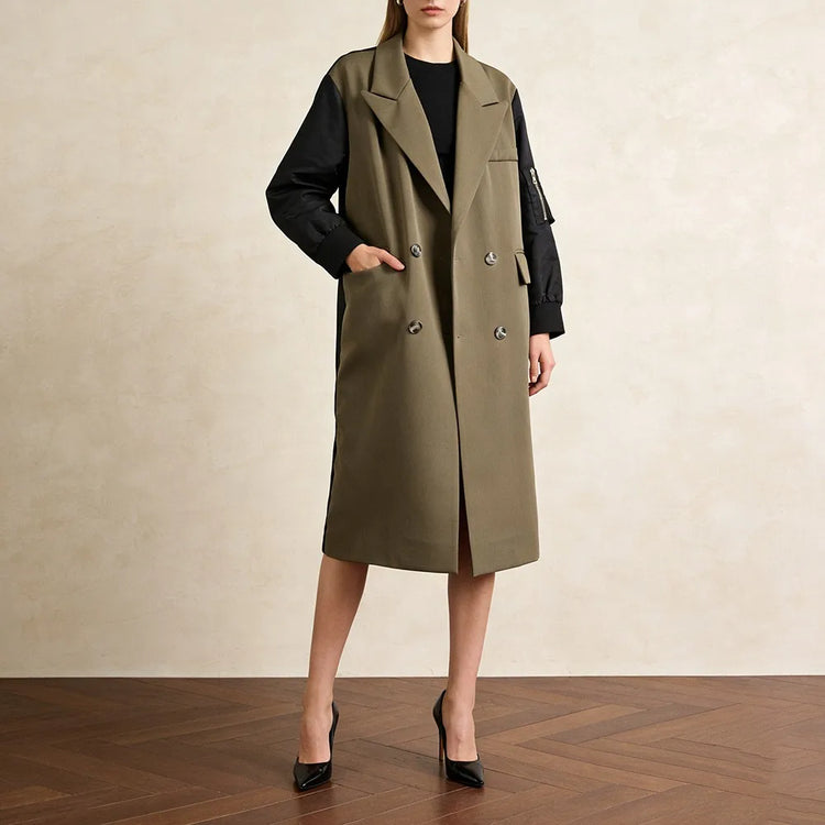 Contrast-Sleeve Double-Breasted Long Coat