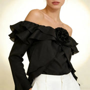 Rosette Off-Shoulder Ruffle Blouse