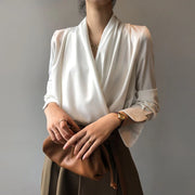 Draped V-Neck Long-Sleeve Blouse