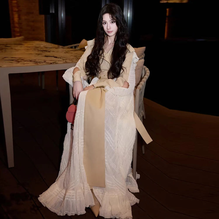 Lace-Panel Ruffle-Hem Long Coat