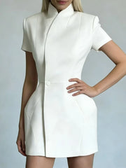 Stand-Collar Short-Sleeve Mini Dress