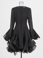 Ruffled Button-Front Long-Sleeve Dress
