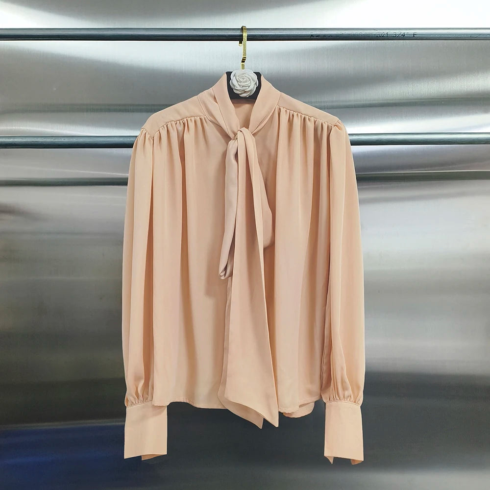 Gathered Tie-Neck Long-Sleeve Blouse