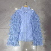 Tiered Ruffle-Sleeve Lace Shirt