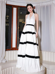 Contrast-Trim Tiered Halter Dress