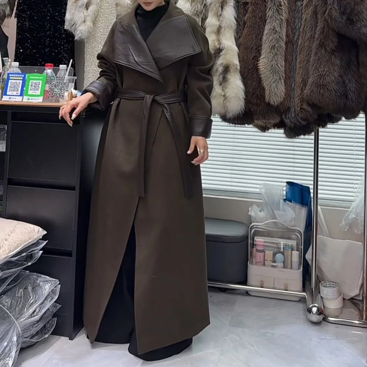 Wide-Lapel Tie-Waist Long Coat