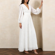 V-Neck Pleated Long Dress