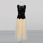 Contrast-Bodice Sleeveless Long Dress