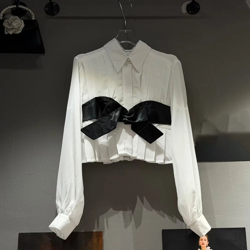 Contrast-Bow Pleated Shirt