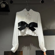 Contrast-Bow Pleated Shirt