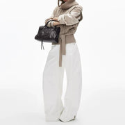 Curved-Seam Wide-Leg White Pants